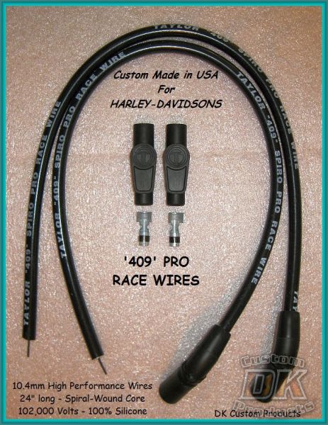 DK Custom 409 PRO RACE Plug Wires Universal Fit Black Taylor High Performance Maximum Fire Power Silicone ECM Coil Relocation Harley Davidson