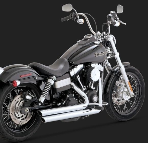 DK Custom V&H Big Shots Staggered for Harley Dyna - Chrome Power Chamber Cross-Over Vance & Hines