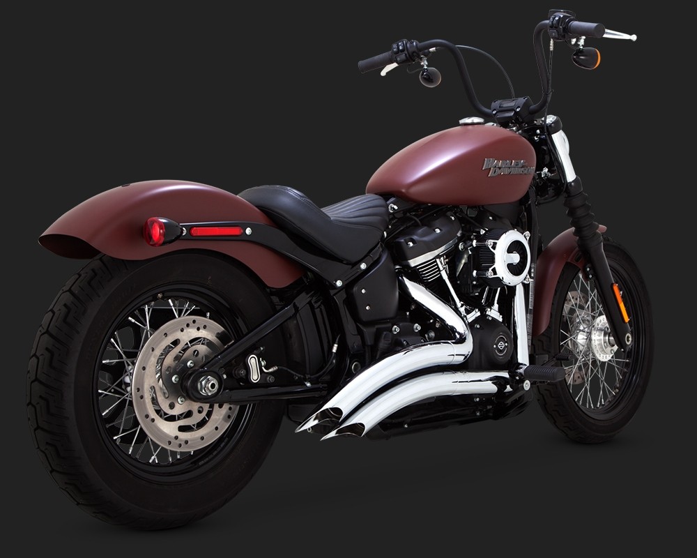 DK Custom V&H Big Radius 2-2 Full Exhaust for Harley M8 Softail - Chrome Vance & Hines Thunder Torque Slash Cut Heat Shields
