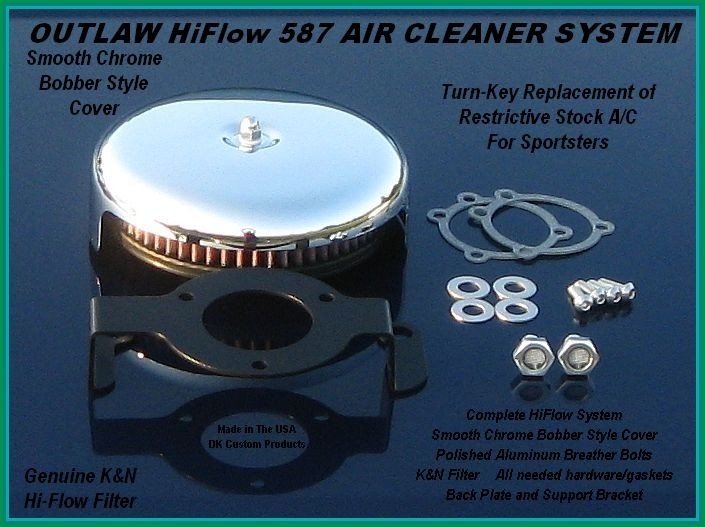 Complete Smooth Chrome HiFlow 587 Air Cleaner for Sportsters Sportster Harley Davidson High Flow Air cleaner DK Custom Nightster Iron 48 Custom Low SuperLow Bobber Stage I K&N EFI Carbureted Complete High Performance