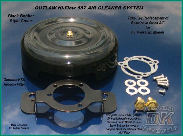 Black Bobber Style Complete HiFlow 587 Air Cleaner Twin Cam DK Custom Harley Davidson Outlaw Air Cleaner Systems Complete EBS High Flow M-8 Milwaukee-Eight Softail Twin Cam Dyna  Touring Trike Freewheeler  Big Twin Stage I TBW Throttle By Wire