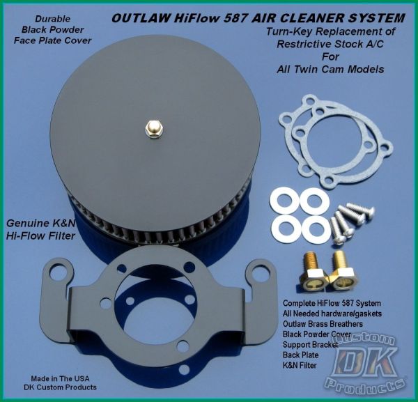 Complete HiFlow 587 Air Cleaner Sano Black for Harley Twin Cam DK Custom Harley Davidson Outlaw Air Cleaner Systems Complete EBS High Flow M-8 Milwaukee-Eight Softail Twin Cam Dyna  Touring Trike Freewheeler  Big Twin Stage I TBW Throttle By Wire