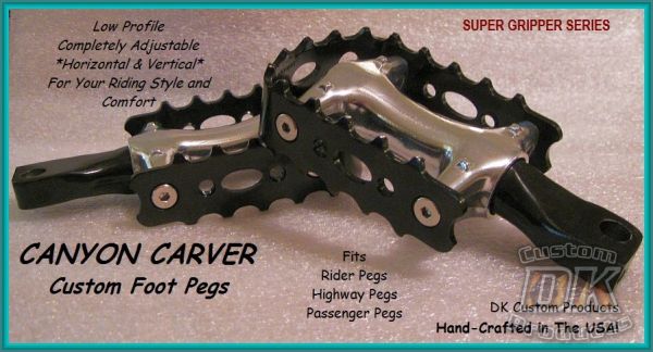 DK Custom Canyon Carver Trap FOOTPEGS Harley-Davidson Motorcycles Sportsters-Dynas-Softails-V-Rod's Super gripper Series Improve Lean Angle Adjustable