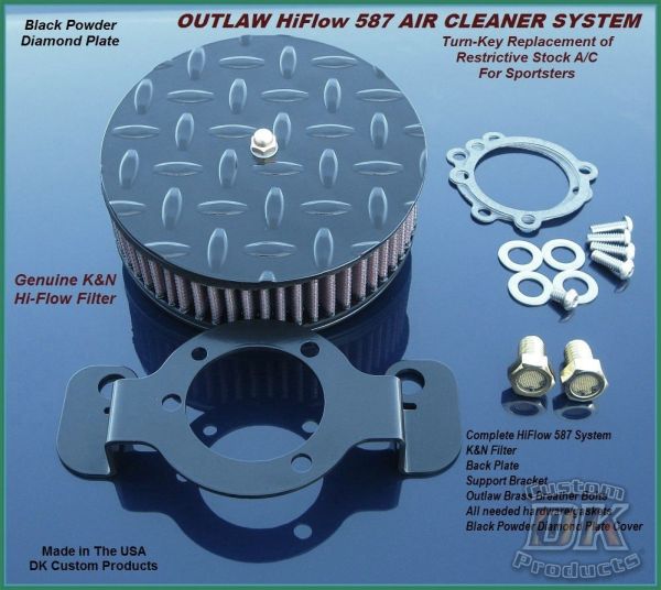 Black Diamond Plate Outlaw HiFlow 587 Air Cleaner System Sportster Harley Davidson High Flow Air cleaner DK Custom Nightster Iron 48 Custom Low SuperLow Bobber Stage I K&N EFI Carbureted Complete High Performance