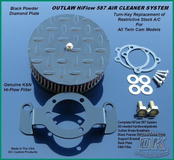 Black Diamond Outlaw HiFlow 587 Air Cleaner System Twin Cam DK Custom Harley Davidson Outlaw Air Cleaner Systems Complete EBS High Flow M-8 Milwaukee-Eight Softail Twin Cam Dyna  Touring Trike Freewheeler  Big Twin Stage I TBW Throttle By Wire