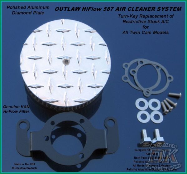 Aluminum Diamond Plate HiFlow 587 Air Cleaner System Twin Cam DK Custom Harley Davidson Outlaw Air Cleaner Systems Complete EBS High Flow M-8 Milwaukee-Eight Softail Twin Cam Dyna  Touring Trike Freewheeler  Big Twin Stage I TBW Throttle By Wire