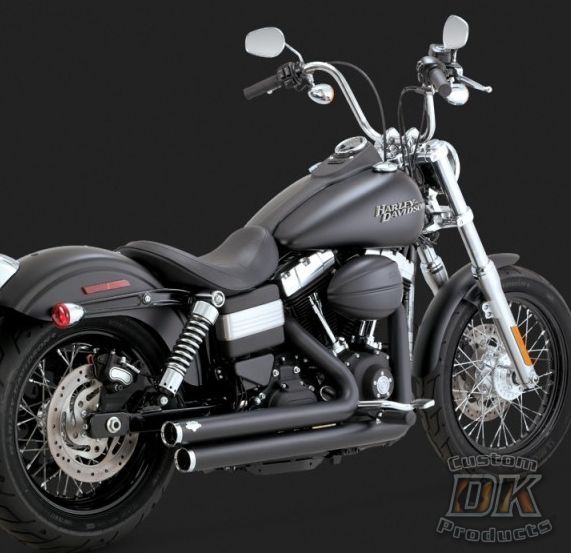 DK Custom V&H Big Shots Staggered for Harley Dyna - Black Vance & Hines Thunder Torque 