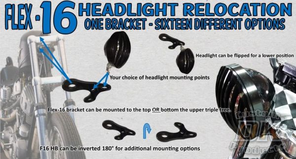 F-16 Flex-16 Headlight Relocation Relo DK Custom Harley Sportster Dyna Softail