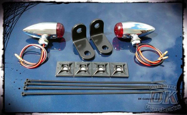 Chrome Streamliner Bullet Rear Turn Signal & Marker Lights Relocation Kit DK Custom Products Harley-Davidson  Universal fit for 12 volt motorcycles SEE & BE SEEN