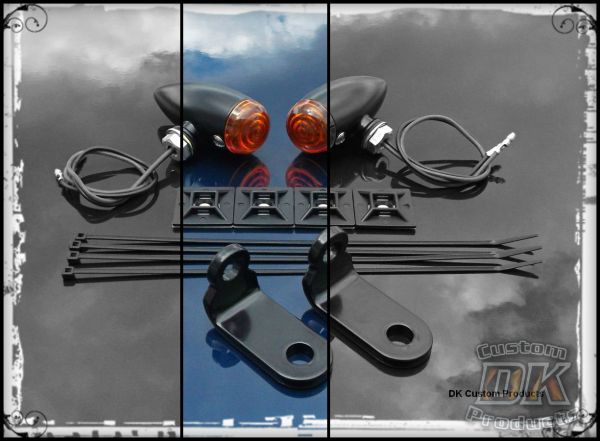 Sano Black Streamliner Bullet Front Turn Signal & Marker Lights Relocation Kit DK Custom Products Harley-Davidson  Universal fit for 12 volt motorcycles SEE & BE SEEN