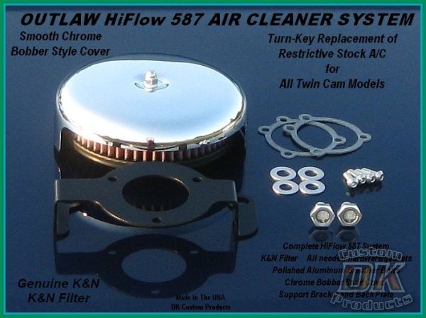 Twin Cam Complete HiFlow 587 Air Cleaner Smooth Chrome Bobber DK Custom Harley Davidson Outlaw Air Cleaner Systems Complete EBS High Flow M-8 Milwaukee-Eight Softail Twin Cam Dyna  Touring Trike Freewheeler  Big Twin Stage I TBW Throttle By Wire