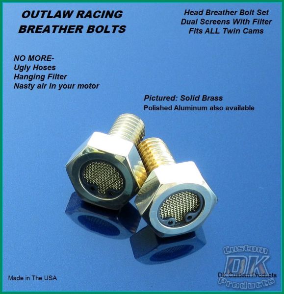 Outlaw Brass Breather Bolts Harley-Davidson TWIN CAM  Touring Softail Dyna Sportster DK Custom Harley Davidson High Flow EBS Outlaw M-8 Milwaukee-Eight Stage I Trike Tri Glide Freewheeler Big Twin Evo Sportster