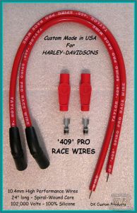 DK Custom 409 PRO RACE Plug Wires Universal Fit RED Taylor High Performance Maximum Fire Power Silicone ECM Coil Relocation Harley Davidson
