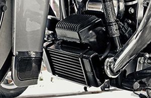 Fan Assisted LowMount Oil Cooler System Harley Touring Models Harley-Davidson Motorcycles DK Custom High Flow Performance Softail Touring Trike Freewheeler Big Twin Evo Milwaukee Eight Sportster Cooler Running Motor Jagg HD Black