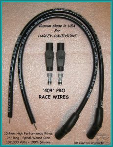 DK Custom 409 PRO RACE Plug Wires Universal Fit Black Taylor High Performance Maximum Fire Power Silicone ECM Coil Relocation Harley Davidson