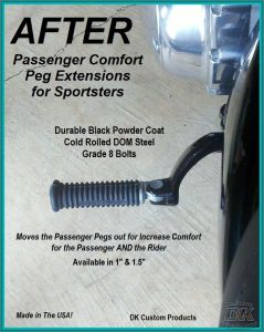DK Custom Passenger Comfort Foot Peg Extensions 1.5" Sportster Nighster iron 48 Harley Davidson Swingarm