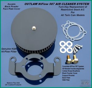 Complete HiFlow 587 Air Cleaner Sano Black for Harley Twin Cam DK Custom Harley Davidson Outlaw Air Cleaner Systems Complete EBS High Flow M-8 Milwaukee-Eight Softail Twin Cam Dyna Touring Trike Freewheeler Big Twin Stage I TBW Throttle By Wire