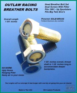 Outlaw Brass Breather Bolts Harley-Davidson Sportster & Evo Harley Davidson Stealth External Breather System Sportster & Big Twin Evo DK Custom EBS Roadster high flow M-8 milwaukee-eight softail twin cam dyna 72 48 Big twin nightster iron