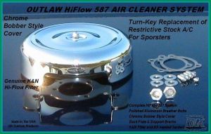 Chrome Bobber Style Complete HiFlow 587 Air Cleaner Twin Cam DK Custom Harley Davidson Outlaw Air Cleaner Systems Complete EBS High Flow M-8 Milwaukee-Eight Softail Twin Cam Dyna Touring Trike Freewheeler Big Twin Stage I TBW Throttle By Wire