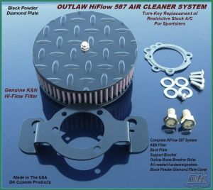 Black Diamond Plate Outlaw HiFlow 587 Air Cleaner System Sportster Harley Davidson High Flow Air cleaner DK Custom Nightster Iron 48 Custom Low SuperLow Bobber Stage I K&N EFI Carbureted Complete High Performance