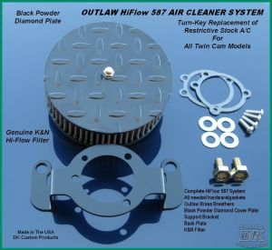 Black Diamond Outlaw HiFlow 587 Air Cleaner System Twin Cam DK Custom Harley Davidson Outlaw Air Cleaner Systems Complete EBS High Flow M-8 Milwaukee-Eight Softail Twin Cam Dyna Touring Trike Freewheeler Big Twin Stage I TBW Throttle By Wire