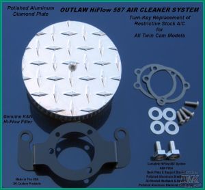 Aluminum Diamond Plate HiFlow 587 Air Cleaner System Twin Cam DK Custom Harley Davidson Outlaw Air Cleaner Systems Complete EBS High Flow M-8 Milwaukee-Eight Softail Twin Cam Dyna Touring Trike Freewheeler Big Twin Stage I TBW Throttle By Wire