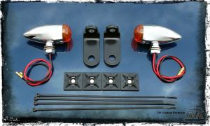Chrome Streamliner Bullet Front Turn Signal & Marker Lights Relocation Kit DK Custom Products Harley-Davidson Universal fit for 12 volt motorcycles SEE & BE SEEN