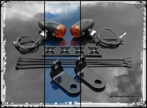 Sano Black Streamliner Bullet Front Turn Signal & Marker Lights Relocation Kit DK Custom Products Harley-Davidson Universal fit for 12 volt motorcycles SEE & BE SEEN