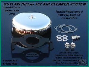 Complete Smooth Chrome HiFlow 587 Air Cleaner for Sportsters Sportster Harley Davidson High Flow Air cleaner DK Custom Nightster Iron 48 Custom Low SuperLow Bobber Stage I K&N EFI Carbureted Complete High Performance