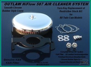 Twin Cam Complete HiFlow 587 Air Cleaner Smooth Chrome Bobber DK Custom Harley Davidson Outlaw Air Cleaner Systems Complete EBS High Flow M-8 Milwaukee-Eight Softail Twin Cam Dyna Touring Trike Freewheeler Big Twin Stage I TBW Throttle By Wire