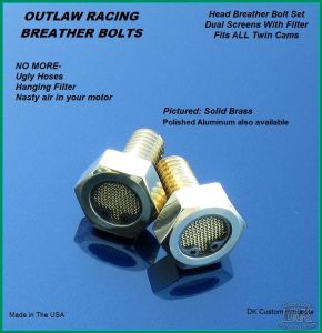 Outlaw Brass Breather Bolts Harley-Davidson TWIN CAM Touring Softail Dyna Sportster DK Custom Harley Davidson High Flow EBS Outlaw M-8 Milwaukee-Eight Stage I Trike Tri Glide Freewheeler Big Twin Evo Sportster