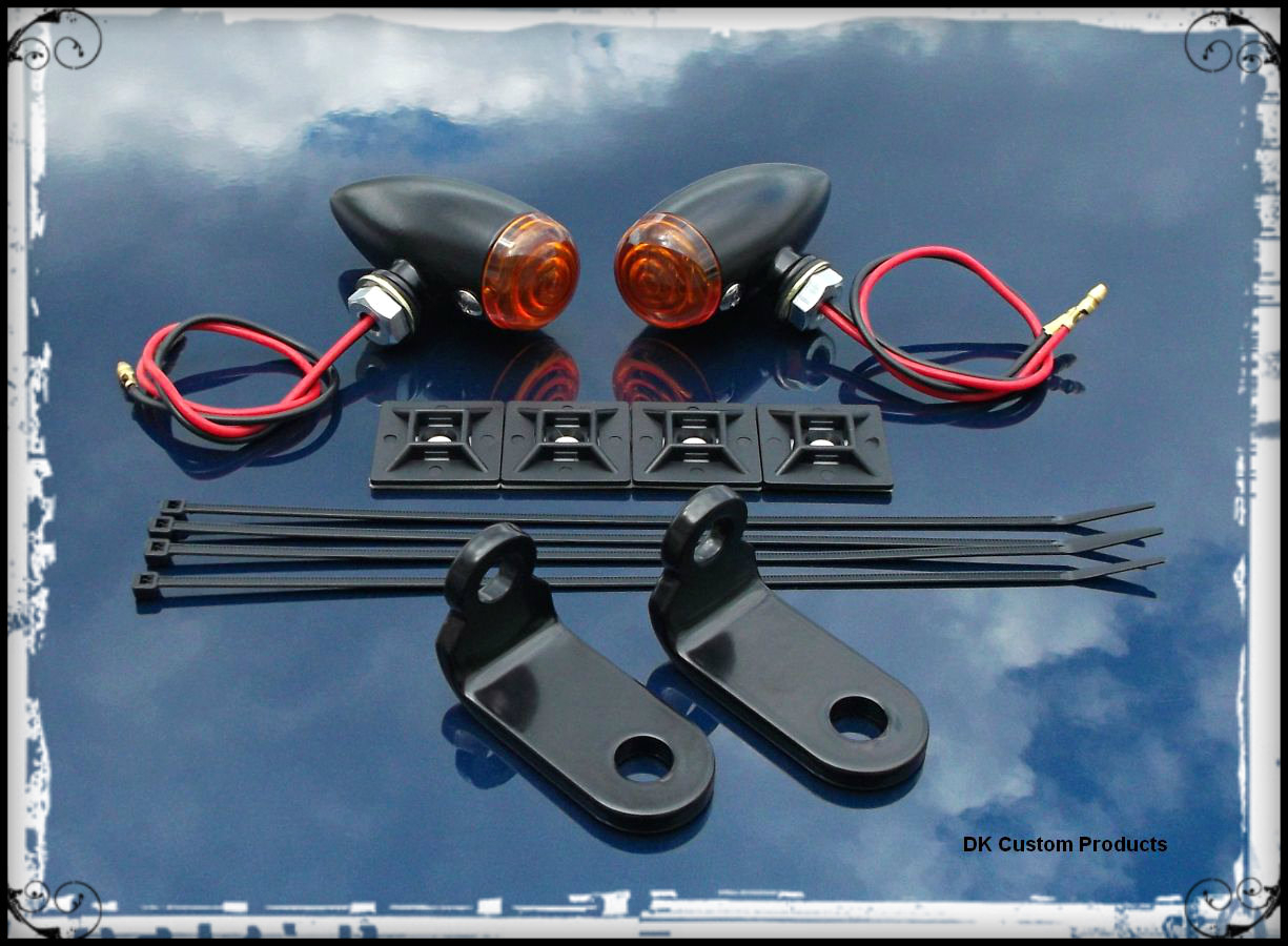Sano Black Streamliner Bullet Front Turn Signal Lights Relo Kit